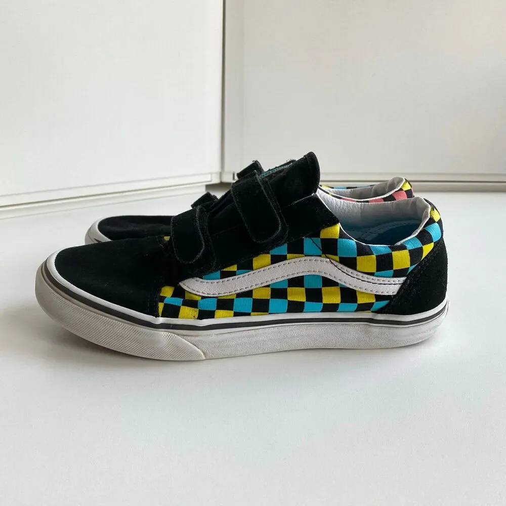 Vans Old Skool V Neon Glow Check Black/Multi Unisex Junior‎ 6 Hook Loop Shoes